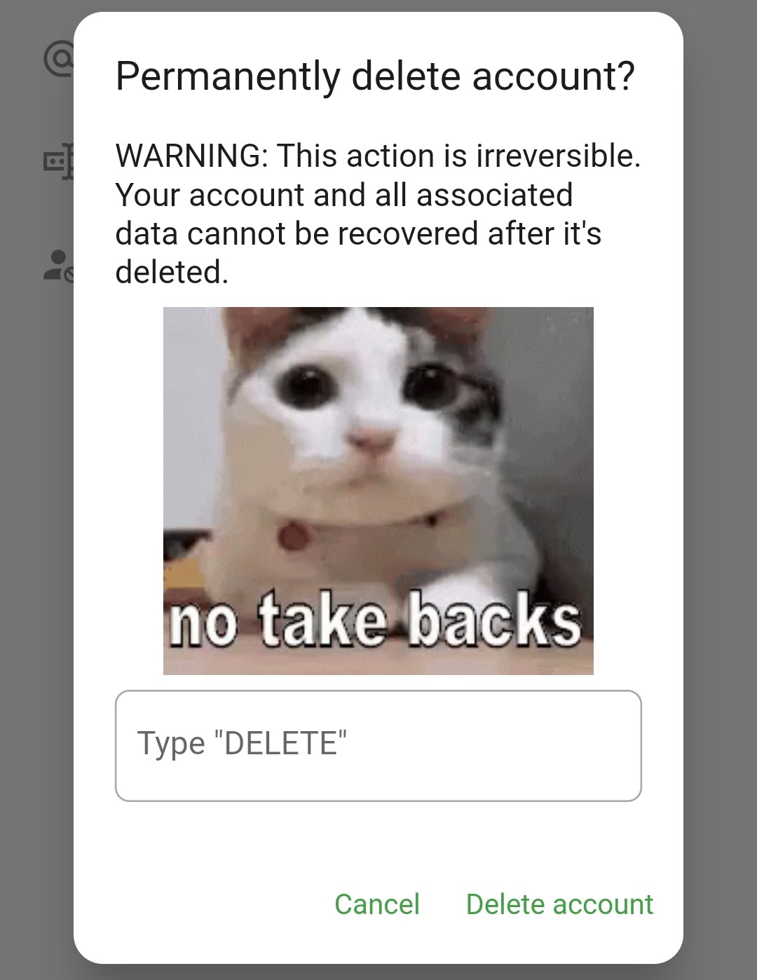Screenshot of the confirm account deletion window
