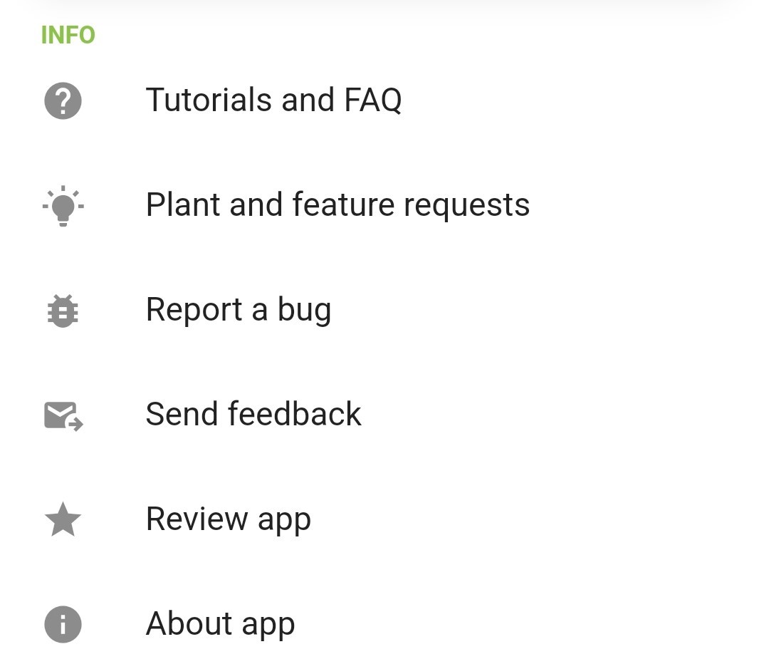 Screenshot of the Info section of the Settings screen with the Report a Bug option