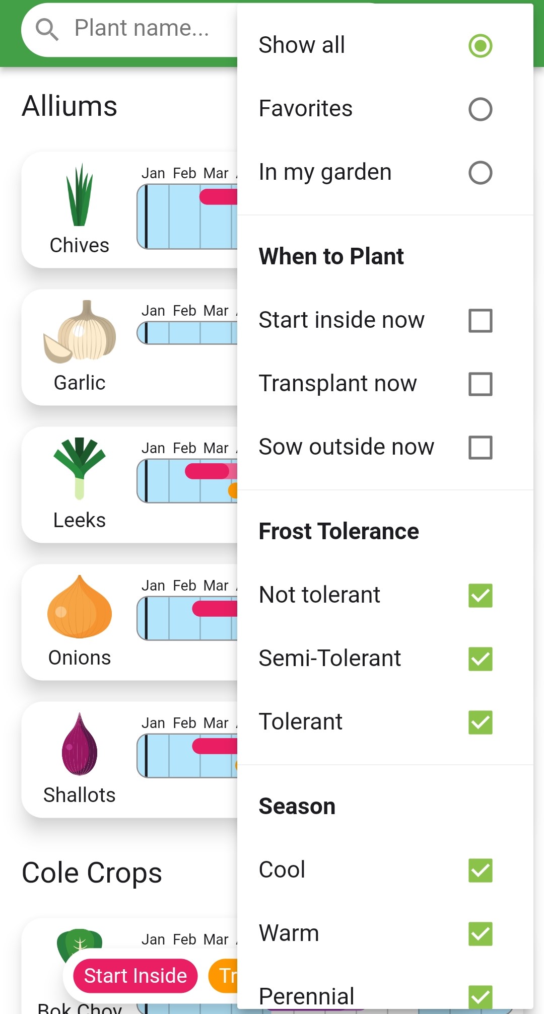 Screenshot of growing calendar filter options with Transplant now and Sow outside now selected