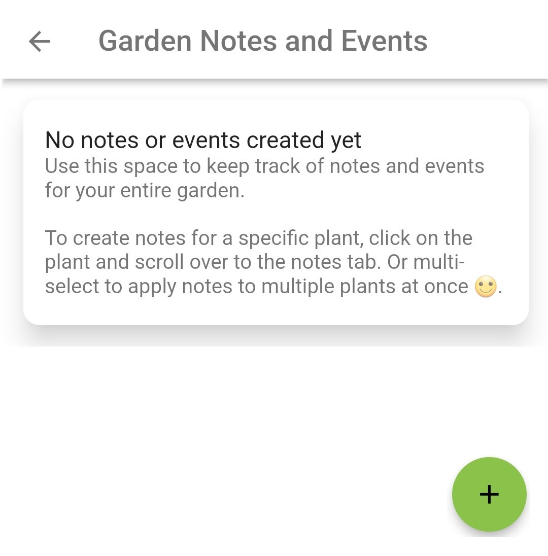 Screenshot of the plus sign button for adding notes to a garden