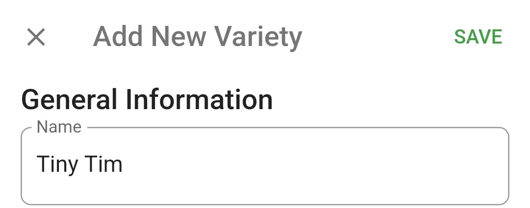 Screenshot of a new variety name being entered