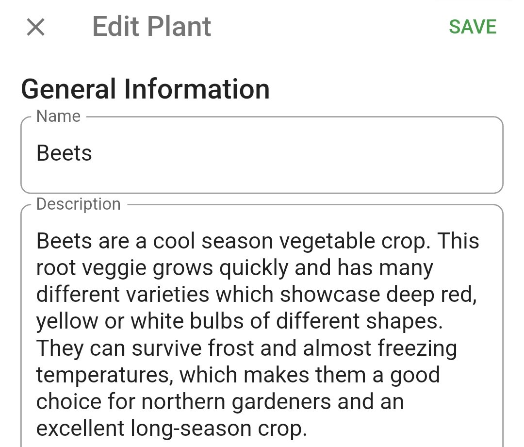 Screenshot of the plant editing screen with the Save button