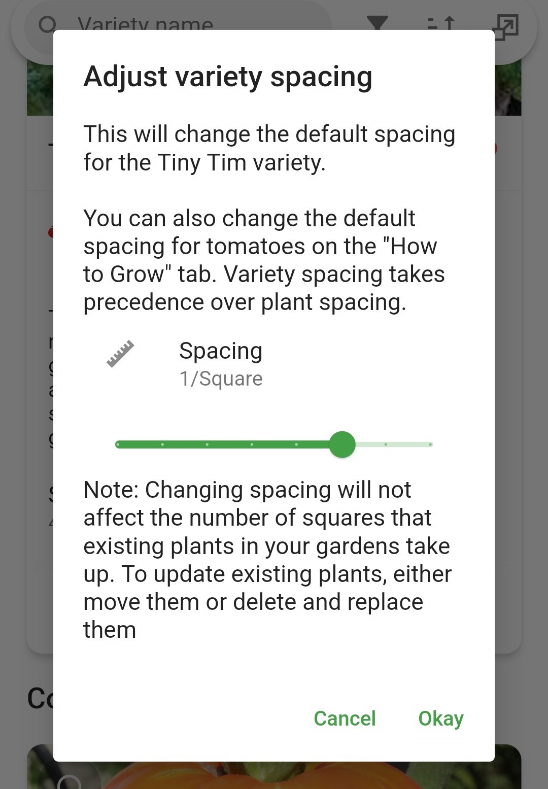 Screenshot of slider to adjust variety spacing and Okay button