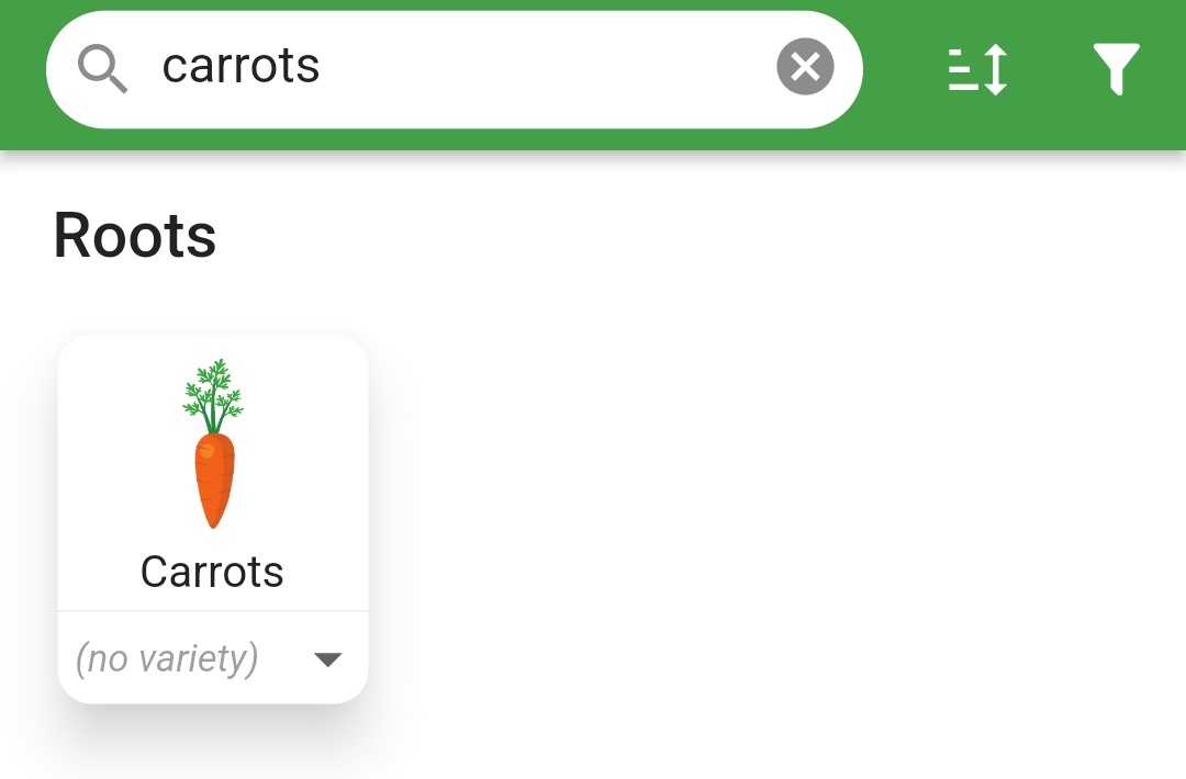 Screenshot of a plant search for carrots