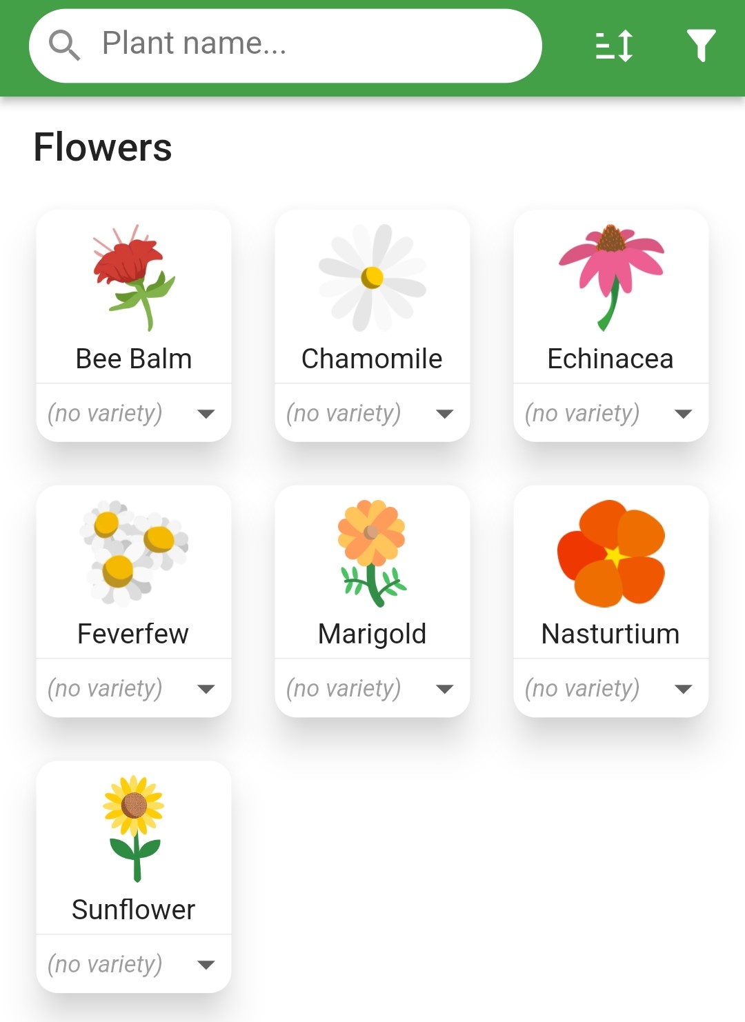 Screenshot of flowers currently supported in Planter