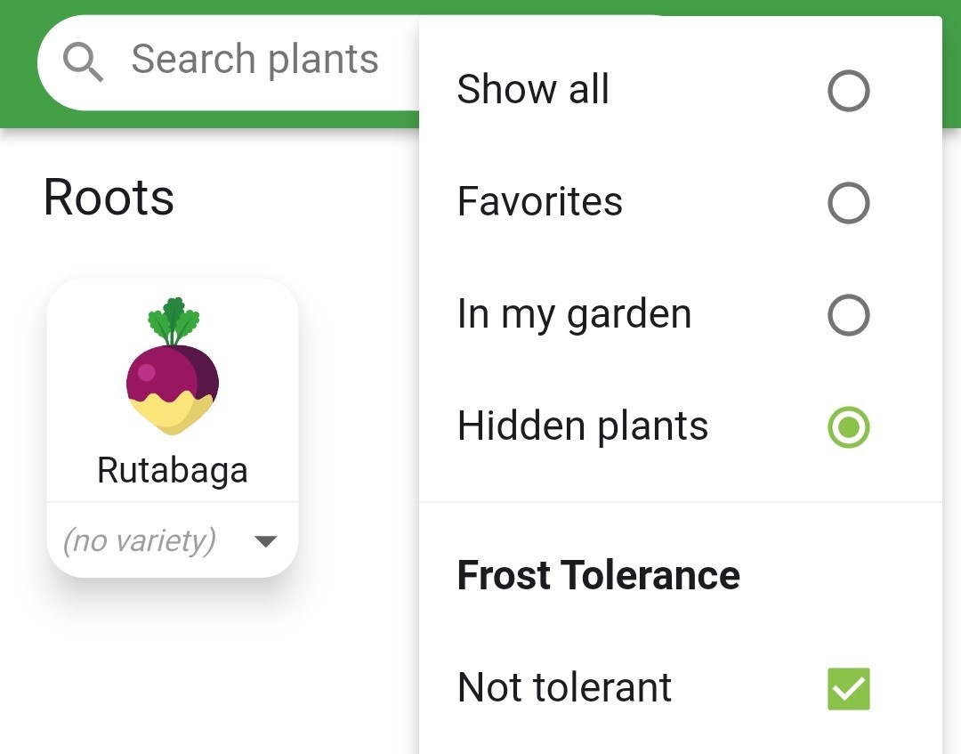 Screenshot of the Hidden Plants filter option