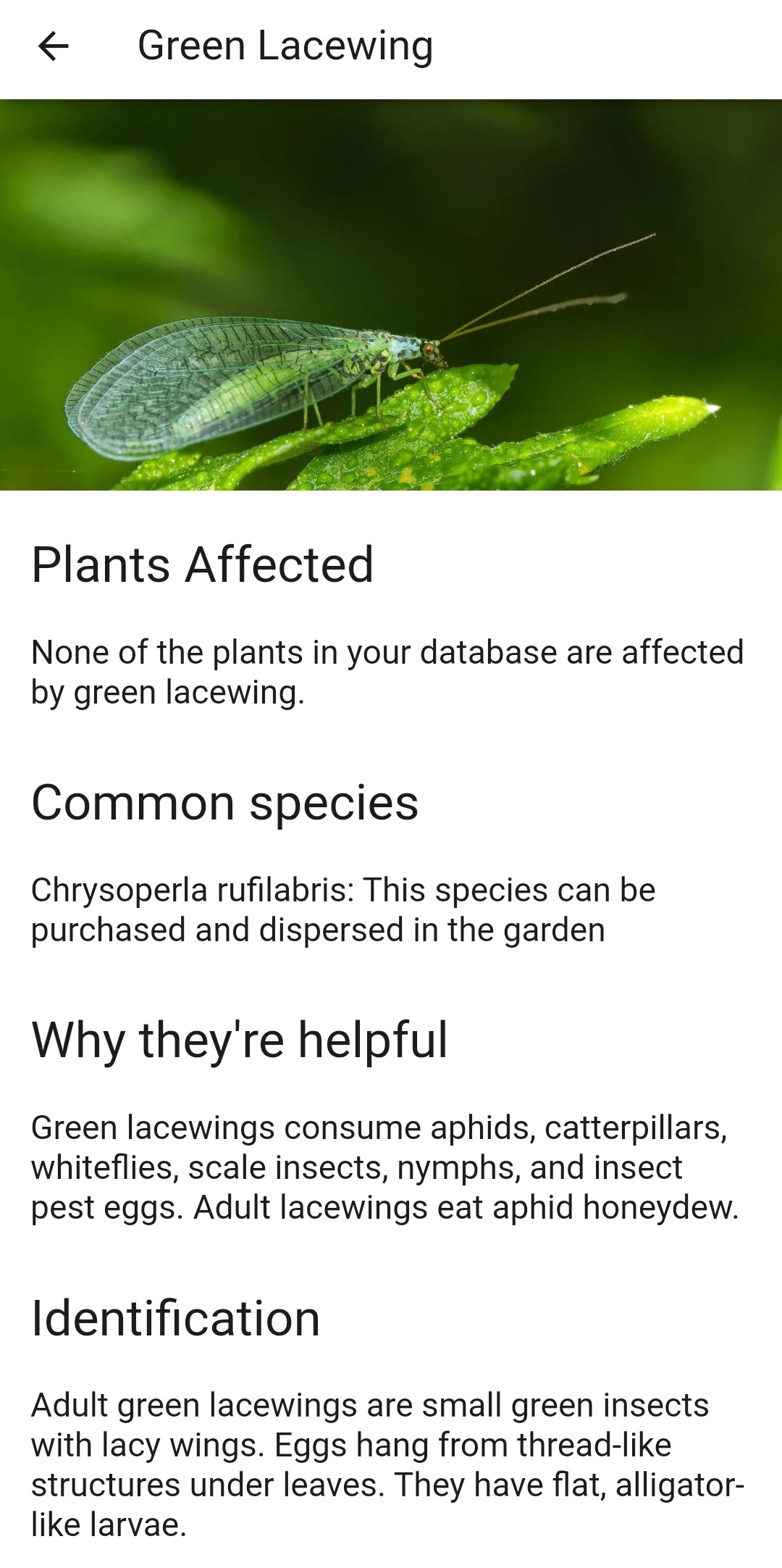 Screenshot of beneficial critter details