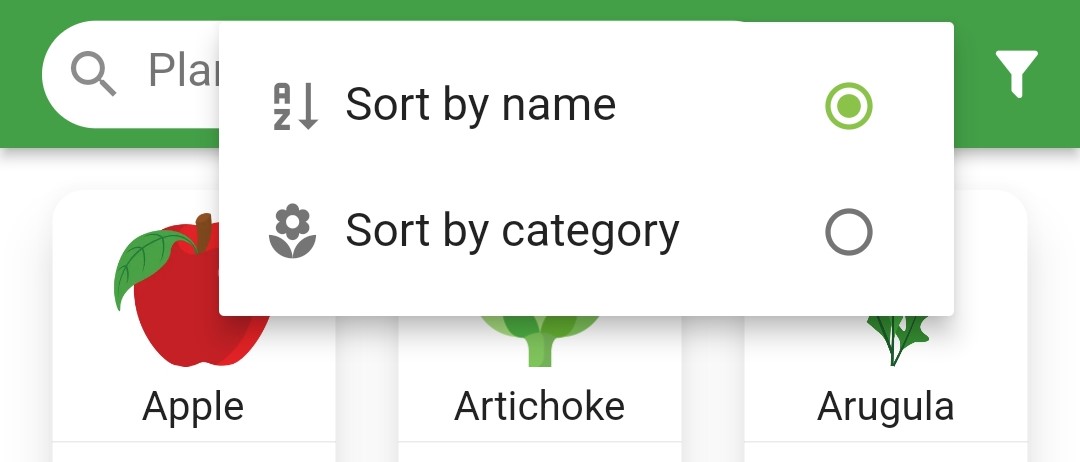 Screenshot of plant sorting options