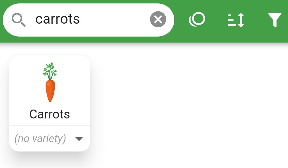 Screenshot of plant search for carrots