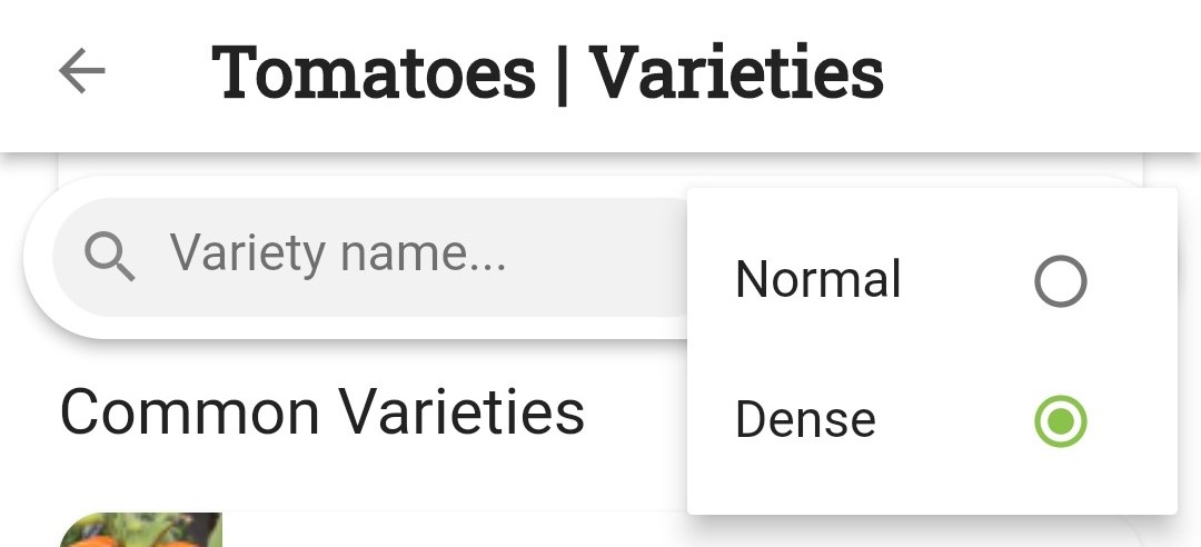 Screenshot of the Dense variety view option