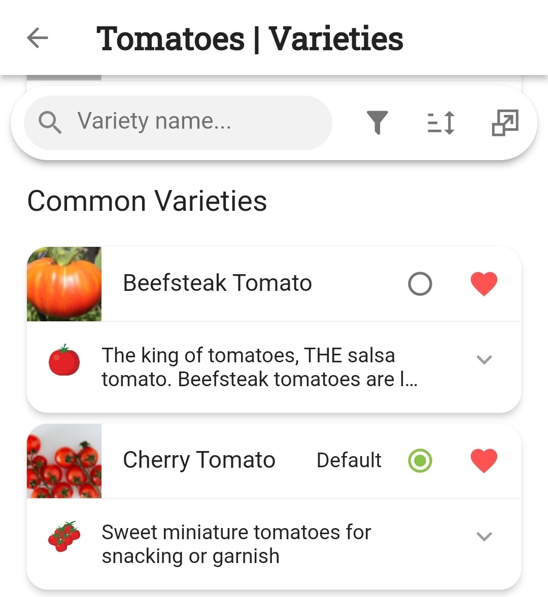 Screenshot of the heart icon and the default icon for varieties