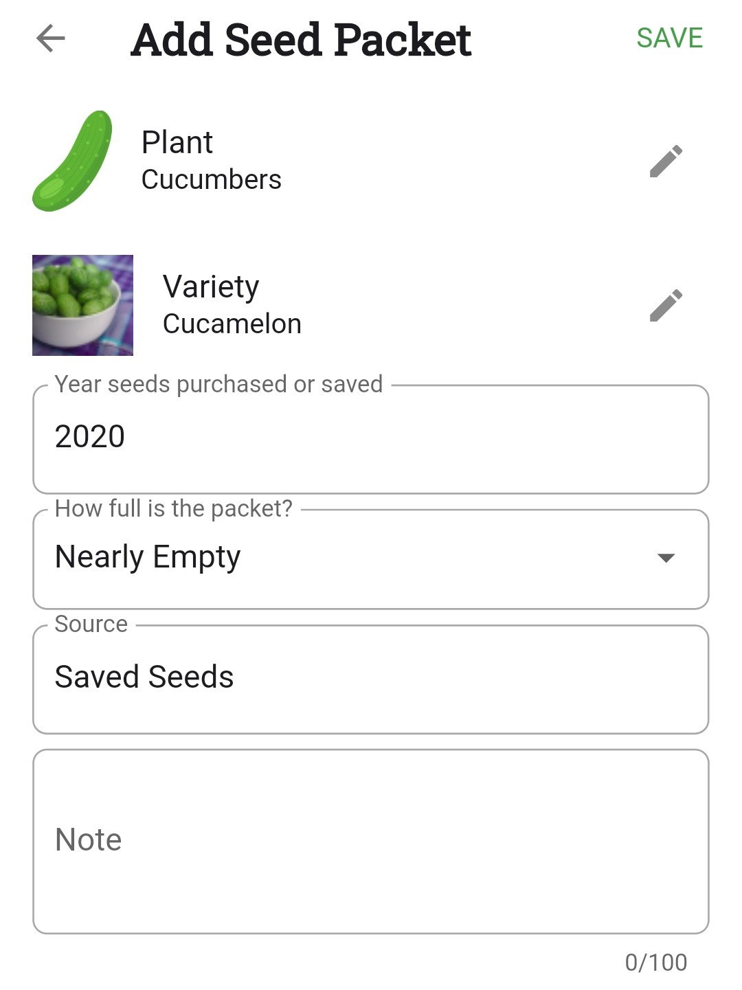 Screenshot of the editable seed packet information box