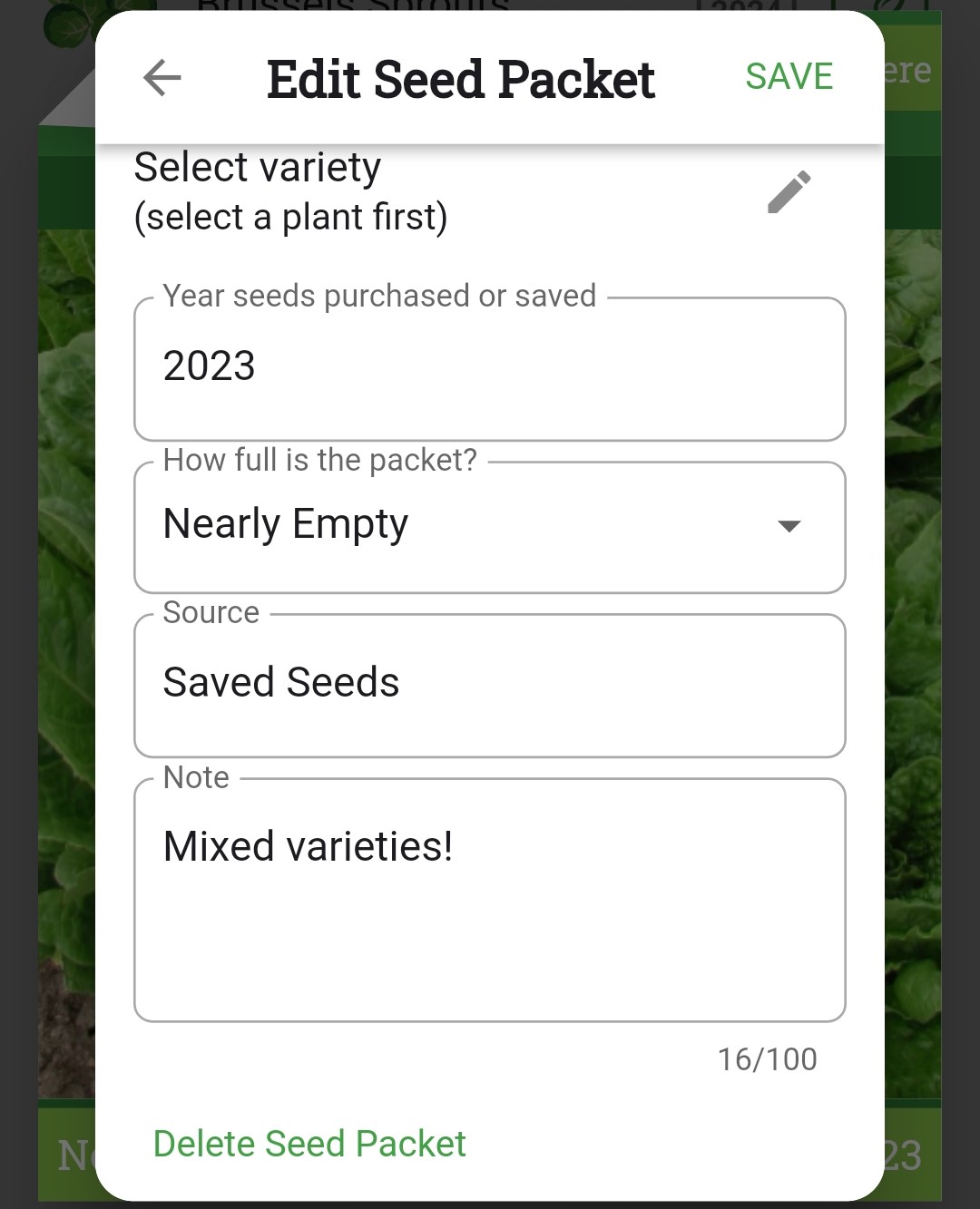 Screenshot of the Delete Seed Packet option